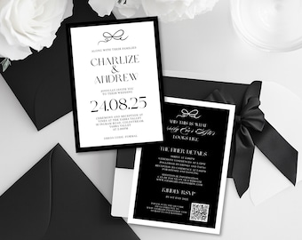 Elegant Black and White Wedding Invitation Set, Minimalist Bow (Canva Template)