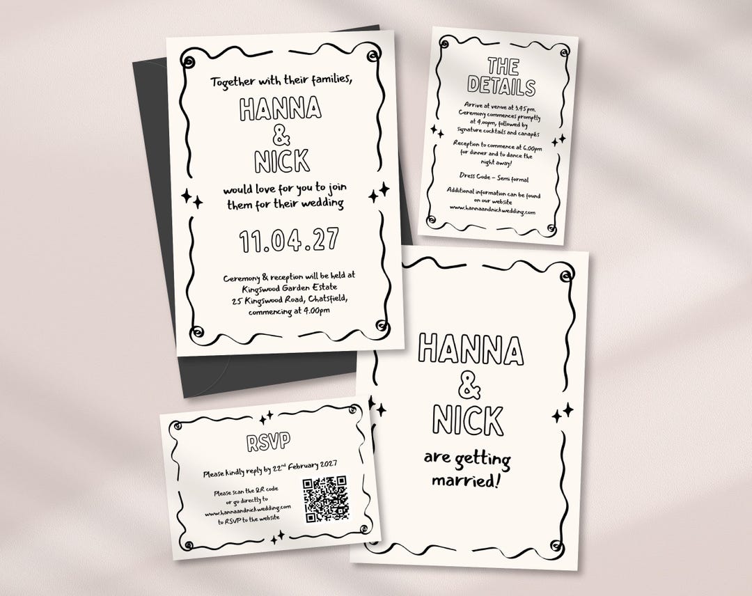 Handwritten Wedding Invitation Illustrated Wedding Suite Hand Drawn ...