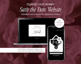 May include: A laptop and smartphone display a wedding invitation design. The laptop shows a white envelope with a bow and the text "Please Save the Date." The smartphone displays a photo inside an envelope with the text "Charlie & Meres are getting married."
