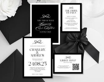 Elegant Black and White Wedding Invitation Suite (Canva Template)