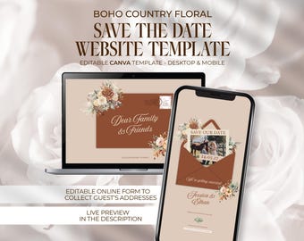 Boho Country Floral Save The Date Website Brown and Green Floral Invitation Save The Date Digital Template Envelope Website Canva Website 1D