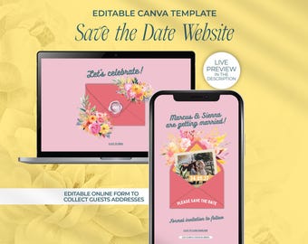 Floral Save The Date Website Pink and Yellow Floral Invitation Save The Date Digital Template Envelope Wedding Website Canva Website 1H