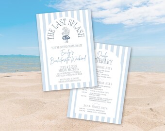 The Last Splash Coastal Bachelorette Itinerary Invitation Illustrated Blue Beach Bachelorette Invite Template Canva Weekend Itinerary 0005