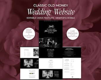 Classic Old Money Wedding Website Template Luxury Black and White Website Canva Elegant Modern Minimalist Bow RSVP Timeline DIY Website 0022