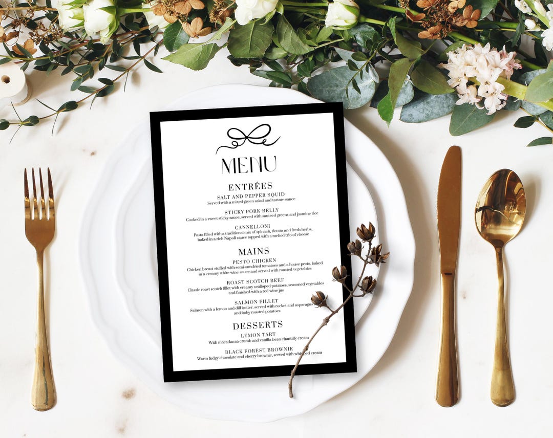 Bow Wedding Menu Card Hand-drawn Bow Wedding Stationery Template Canva ...