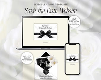 May include: A digital wedding invitation template displayed on a laptop, smartphone, and printed envelope. The design features a black bow on a white background with the text "Please Save the Date." Additional text includes "Collect Guests Addresses" and "Live Preview in the Description."