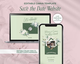 Floral Save The Date Wedding Website: Green and White (Canva Editable Template)