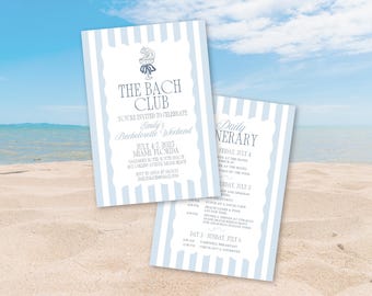 The Bach Club Coastal Bachelorette Itinerary Invitation Template Canva Weekend Itinerary Illustrated Bachelorette Invitation Blue Beach 0003