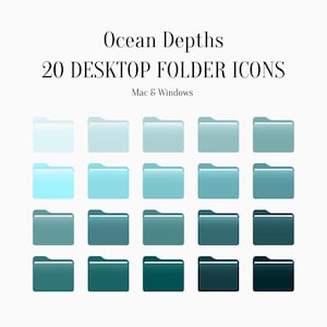 May include: An image featuring 20 desktop folder icons in various shades of blue and teal, arranged in a grid. The text "Ocean Depths" and "20 DESKTOP FOLDER ICONS" is displayed above the icons, with "Mac & Windows" below.