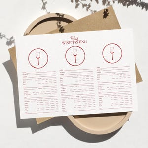 May include: A white paper sheet for a blind wine tasting event featuring the text Blind Wine Tasting at the top. The sheet includes three circular icons with numbered wine glasses and printed sections for wine, region, grape, colour, aroma, and palate.