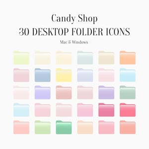 Könnte beinhalten: Eine Sammlung von 30 Desktop-Ordner-Symbolen in verschiedenen Pastellfarben, darunter Rosa, Blau, Gelb und Grün. Der Text "Candy Shop" und "30 DESKTOP FOLDER ICONS" sind über den Symbolen zu sehen, darunter "Mac & Windows".