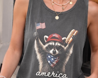 Comfort Colors® 4th of July Raccoon Tank Top, Funny Patriotic Animal Shirt, Retro USA Hot Dog Summer Top, Unisex Raccoon Gift
