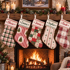 May include: Five fabric Christmas stockings hanging in a row, each featuring a white cuff personalised with the names Olivia, Emma, James, Sophia, and Noah in red or green text, accompanied by various patterns including plaid, stripes, and patchwork.