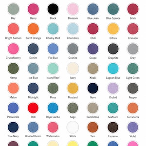 May include: A Comfort Colors color chart featuring a grid of circular swatches in various shades including Bay, Berry, Black, Blossom, Blue Jean, Blue Spruce, Brick, Bright Salmon, Burnt Orange, Chalky Mint, Chambray, Chili, Citrus, and Crimson.