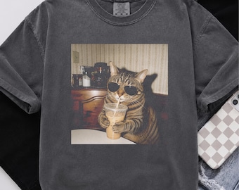 Comfort Colors® Tabby Cat Iced Coffee Shirt, Funny Cat Meme Tee, Vintage 90s Graphic Shirt, Aesthetic Pet Lover Gift,Cat With Sunglasses Tee
