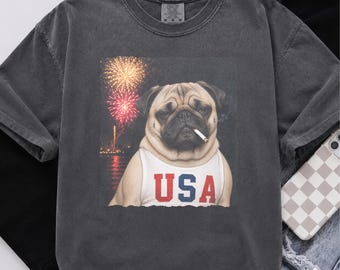 Comfort Colors® 4th of July Pug Shirt, Funny USA Dog Graphic Tee, Patriotic Dog Firework T-Shirt, Retro Independence Day Shirt, Pug Mom Gift