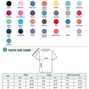 May include: A Comfort Colors youth color and size chart featuring a grid of 31 circular color swatches labeled with names like Black, Blossom, and White. Below, a t-shirt diagram shows width, length, and sleeve measurements in inches and centimeters.