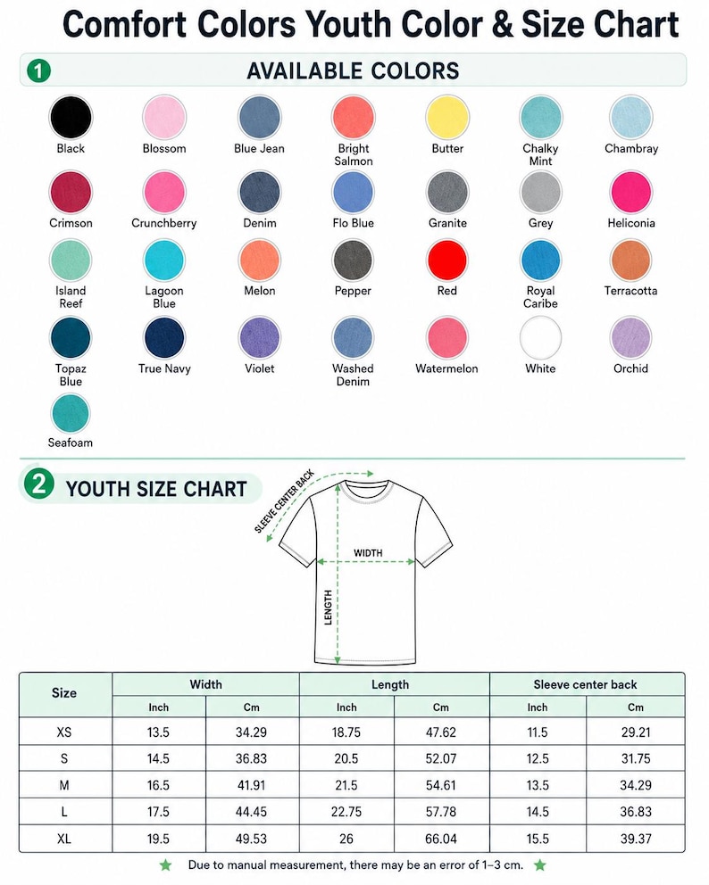 May include: A Comfort Colors youth color and size chart featuring a grid of 31 circular color swatches labeled with names like Black, Blossom, and White. Below, a t-shirt diagram shows width, length, and sleeve measurements in inches and centimeters.