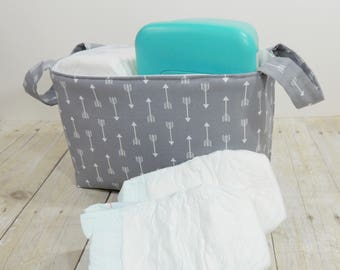 Fabric Storage Basket - Diaper Caddy - Arrows on Gray - Toy Storage