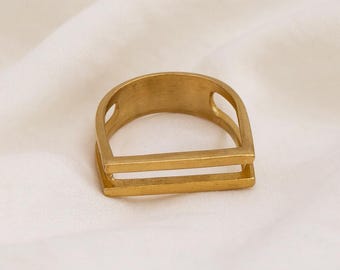 Anello geometrico minimalista in oro / Anello moderno quadrato / Gioielli in ottone fatti a mano per donna / Anello a fascia aperta contemporaneo in regalo
