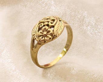 Handgemachter Messingring mit Blumenmuster, Vintage-Stil verstellbarer Ring für Frauen, Boho Botanischer Schmuck, Natur inspirierter Goldring