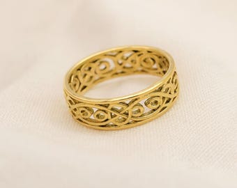 Gold Filigree Band Ring, Vintage Scroll Ring, Celtic Infinity Ring, Brass Statement Band, Minimalist Handmade Jewelry Gift for Women