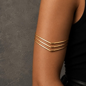 Gold Triple Band Upper Arm Cuff Bracelet, Minimalist Armlet, Adjustable Brass Arm Cuff, Boho Arm Jewelry, Statement Arm Bracelet for Women