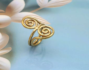 Handmade Gold Spiral Ring, Boho Adjustable Swirl Ring, Vintage Tribal Statement Jewelry, Artistic Gold Plated Ring for Women