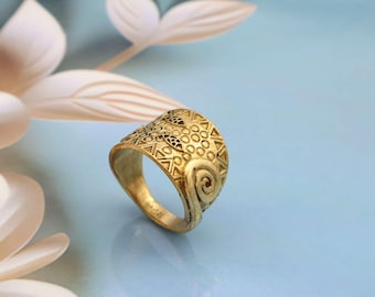 Handmade Tribal Brass Ring, Adjustable Boho Statement Ring for Women, Ethnic Pattern Jewelry, Vintage Style Textured Band