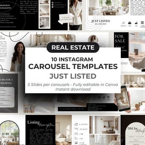 Op de afbeelding: Een verzameling zwart-witte Instagram carrousel templates voor onroerend goed, met tekst zoals "Just Listed" en "Contact me for more info". De templates zijn volledig bewerkbaar in Canva en direct te downloaden.