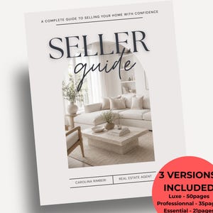 Op de afbeelding: Een witte Verkoopgids met de tekst "SELLER guide" en een afbeelding van een woonkamer. De gids bevat drie versies: Luxe (50 pagina's), Professional (35 pagina's) en Essential (21 pagina's).