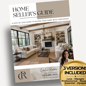 May include: A Home Seller's Guide document featuring a living room photo, the text "A step-by-step guide to buying your home with confidence," and a gold badge stating "3 versions included: Luxe - 50 pages, Professional - 35 pages, Essential - 21 pages."