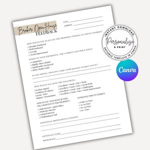 May include: A white paper titled "Broker Open House Feedback" with fill-in sections for property evaluation, market analysis, and buyer response. Includes a "Personalize & Print" graphic and a Canva logo.