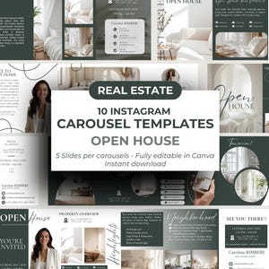 Op de afbeelding: Een digitaal product met 10 Instagram carrousel templates voor onroerend goed, met als thema open huis. De templates zijn volledig bewerkbaar in Canva en bevatten 5 slides per carrousel. Het ontwerp is in groen en wit, met afbeeldingen van huizen en tekst.