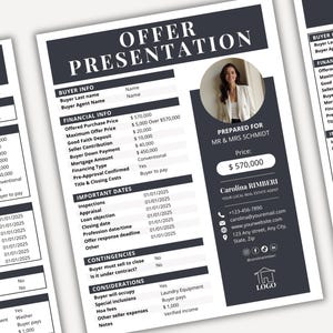 May include: A real estate offer presentation template featuring a dark gray and white layout with sections for buyer info, financial details, important dates, contingencies, and considerations. It includes a circular photo placeholder and contact info.
