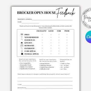 May include: A black and white open house feedback form with the text "BROCKER OPEN HOUSE Feedback". The form includes sections for property details, ratings, and buyer feedback. A Canva logo is visible.