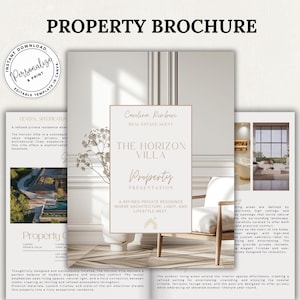 May include: A property brochure with the title "PROPERTY BROCHURE" in black text. The brochure features the text "THE HORIZON VILLA" and "Property Presentation". The brochure is a template for real estate. The brochure is in a light beige color.