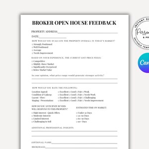May include: A white Broker Open House Feedback form with black text. The form includes sections for property address, date, market evaluation, price range, and buyer response. A Canva logo is visible.