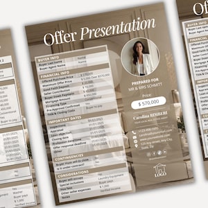 May include: A beige and white real estate offer presentation template featuring a circular headshot of a person, a table for buyer information, financial details, important dates, contingencies, and considerations, with the text Offer Presentation.