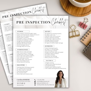 May include: A stack of pre-inspection checklists with a marble-like design. The checklists include sections for exterior, interior, kitchen, bathrooms, and electrical systems. A business card with contact information is at the bottom. A cup of coffee, a notepad, and paper clips are in the background.