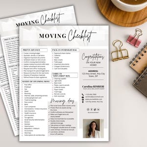 May include: A moving checklist with the title "MOVING Checklist" in elegant script. The checklist includes sections for preparing in advance, packing an overnight bag, and moving day tasks. A real estate agent's contact information is also included.
