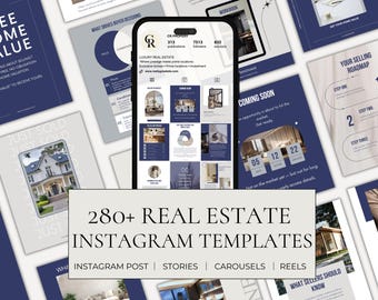 280 Real Estate Instagram Bundle with post, stories, carousel Realtor Social Media Kit