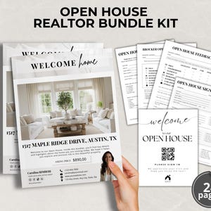 Op de afbeelding: Een makelaarsbundelkit met de tekst "OPEN HOUSE REALTOR BUNDLE KIT". De kit bevat welkomstborden, feedbackformulieren en aanmeldingsformulieren. Op het welkomstbord staat "Welcome to our Open House". De bundel heeft 24 pagina's.