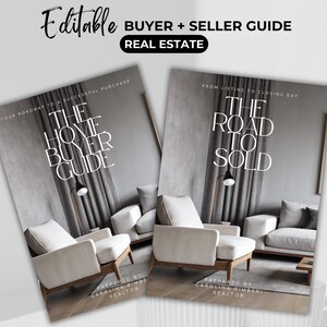 May include: Two real estate guides titled "The Home Buyer Guide" and "The Road to Sold." The guides feature interior design images with text that reads "Buyer + Seller Guide" and "Real Estate."