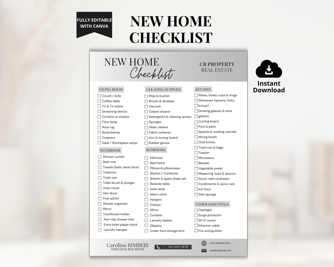 Real Estate New Home Essentials Checklist | Realtor Handout | Printable ...
