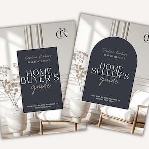 May include: Two guides for real estate, one titled "Home Buyer's Guide" and the other "Home Seller's Guide". Both guides have a dark blue cover with white and gold text. The guides are by Carolina Rimberi, Real Estate Agent.
