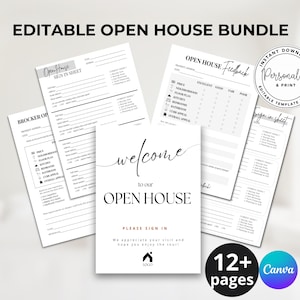 Puede incluir: Un conjunto de documentos imprimibles para jornadas de puertas abiertas, que incluyen hojas de registro, formularios de comentarios y un letrero de bienvenida. Los documentos son en blanco y negro, con las palabras "Editable Open House Bundle" en la parte superior. También incluye el logotipo de Canva.