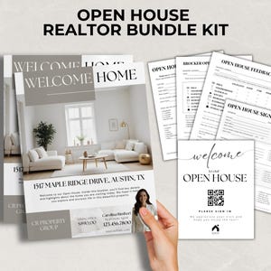 May include: A realtor's open house bundle kit featuring printed materials. The kit includes a welcome sign, sign-in sheets, feedback forms, and a brochure with a home interior photo. Text includes "Welcome Home" and "Open House".