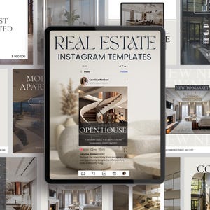 以下が含まれることがあります： 「REAL ESTATE INSTAGRAM TEMPLATES」のテキストが表示された不動産Instagramテンプレートを表示するタブレット。画面には、らせん階段の写真が掲載された「OPEN HOUSE」の投稿が表示されています。他の画像には「JUST LISTED」と「NEW TO MARKET」と表示されています。