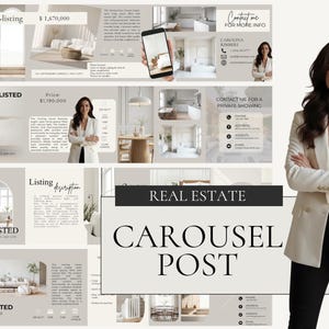 Può includere: Un post carosello immobiliare con immagini di case moderne e una donna professionista in un blazer bianco. Il testo include "Nuova quotazione", "Appena quotato", prezzi e informazioni di contatto per Carolina Kimberi.